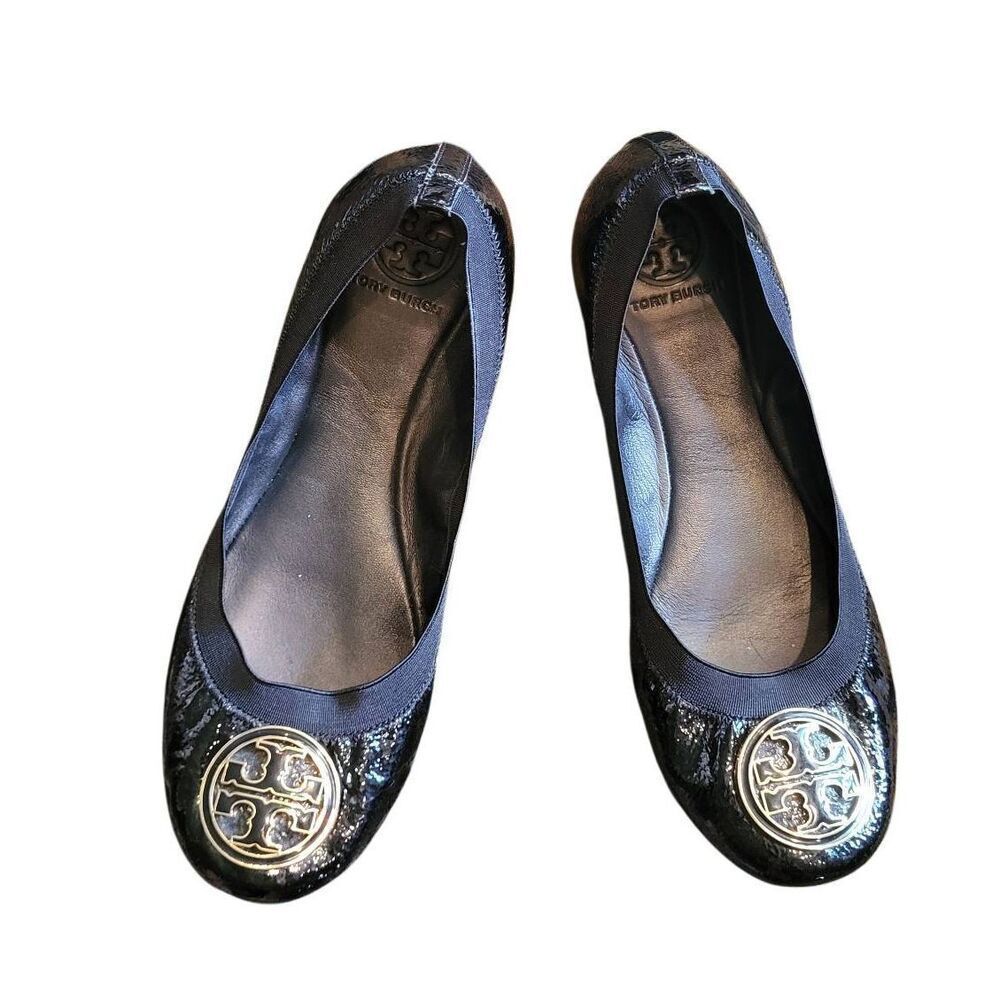 Tory Burch Flats Women's 9 Black Caroline Patent Leather Slip On Logo Designer